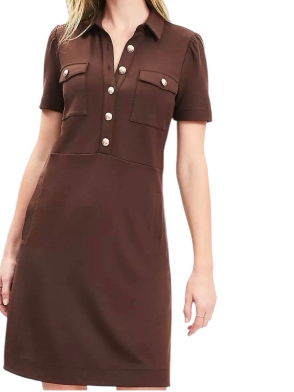 LOFT Brown Short-Sleeve Polo Dress with Button Placket